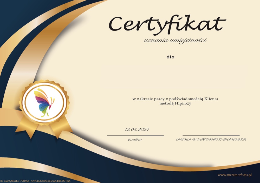 Certyfikat — kurs Hipnoza